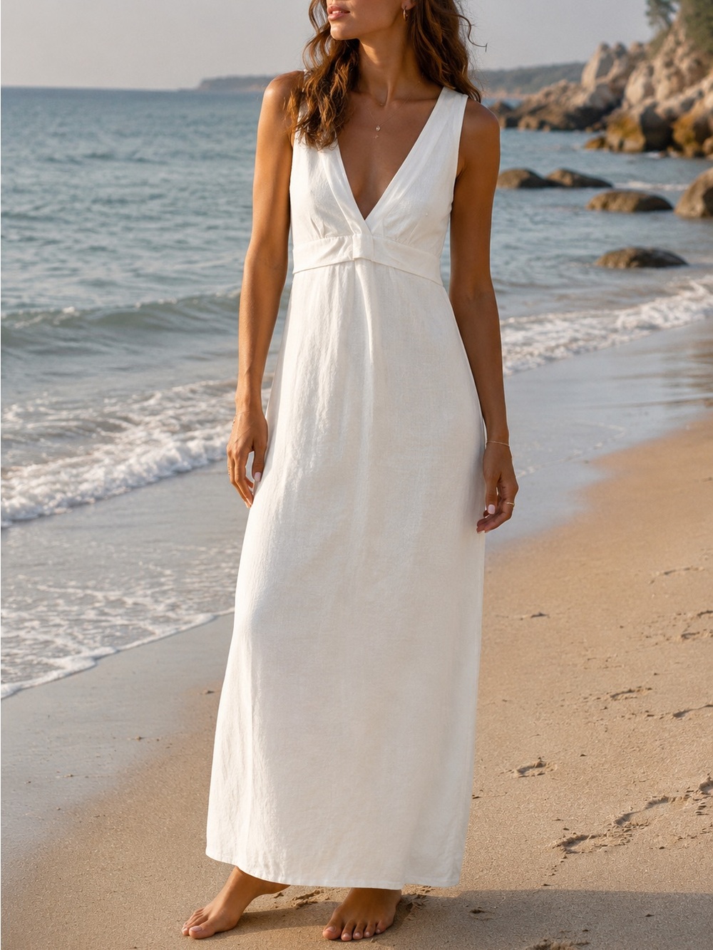 bandeau Sundress XBAAL L Organic Cotton White V Neck Maxi Sun Empire Waist